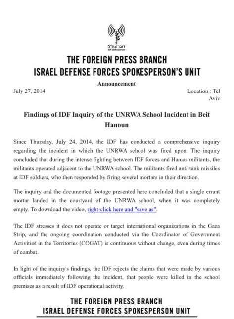 IOF denial of responsibility for UNRWA school deaths it caused